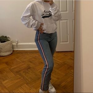 High waisted jeans with red and white stripes